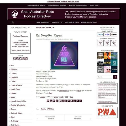 Eat Sleep Run Repeat 
Screenshot of the podcast listing on the Great Australian Pods website