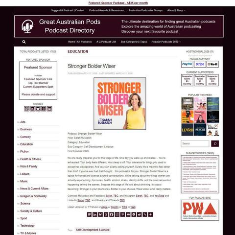 Stronger Bolder Wiser
Screenshot of the podcast listing on the Great Australian Pods website