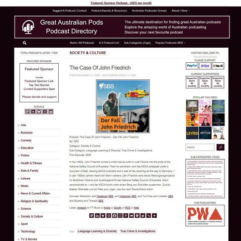 The Case Of John Friedrich - Der Fall John Friedrich
Screenshot of the podcast listing on the Great Australian Pods website