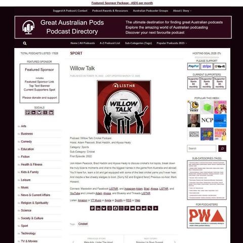 Willow Talk Cricket Podcast
Screenshot of the podcast listing on the Great Australian Pods website