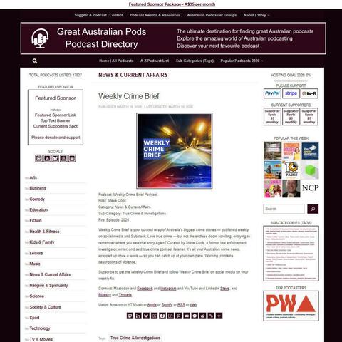 Weekly Crime Brief Podcast
Screenshot of the podcast listing on the Great Australian Pods website