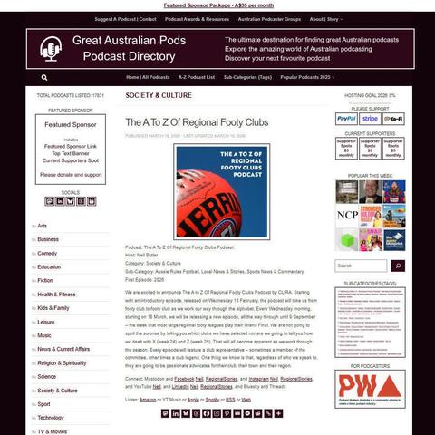 The A To Z Of Regional Footy Clubs Podcast
Screenshot of the podcast listing on the Great Australian Pods website