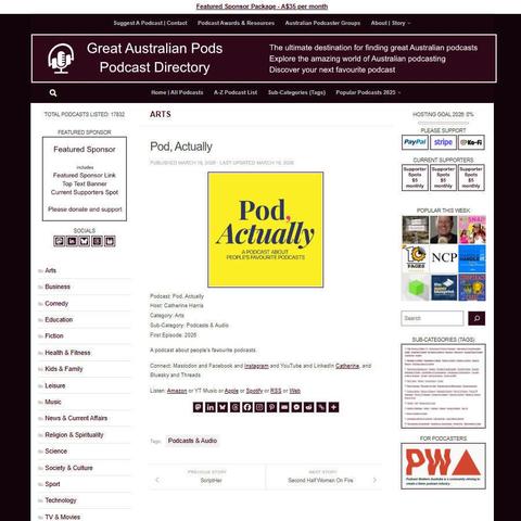 Pod, Actually
Screenshot of the podcast listing on the Great Australian Pods website