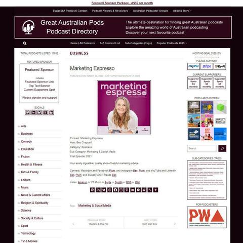 Marketing Espresso
Screenshot of the podcast listing on the Great Australian Pods website