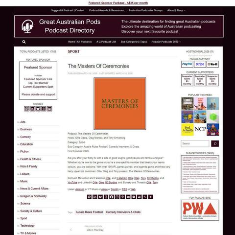The Masters Of Ceremonies
Screenshot of the podcast listing on the Great Australian Pods website