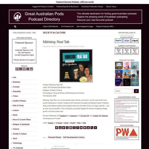 Midrising: Real Talk
Screenshot of the podcast listing on the Great Australian Pods website