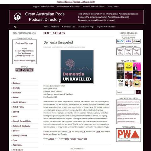 Dementia Unravelled
Screenshot of the podcast listing on the Great Australian Pods website