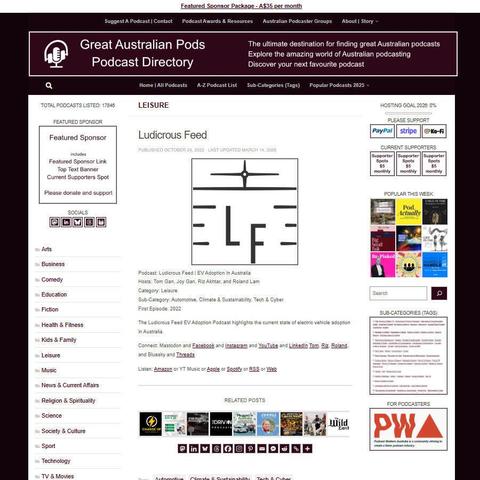 Ludicrous Feed | EV Adoption In Australia
Screenshot of the podcast listing on the Great Australian Pods website