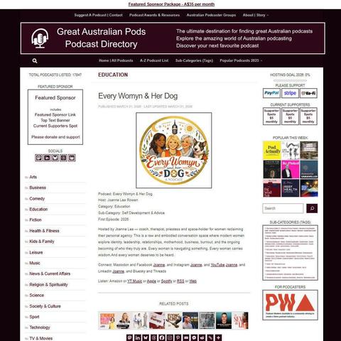 Every Womyn & Her Dog
Screenshot of the podcast listing on the Great Australian Pods website