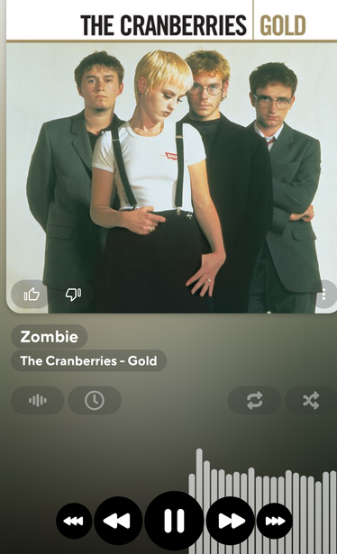 Cover of The Cranberries album showing that the app is currently playing Zombie