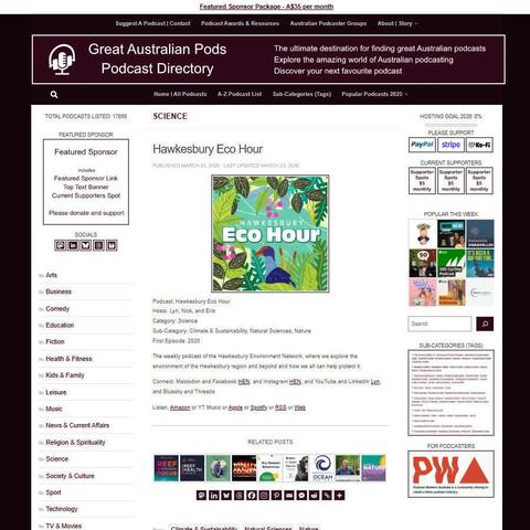 Hawkesbury Eco Hour
Screenshot of the podcast listing on the Great Australian Pods website
