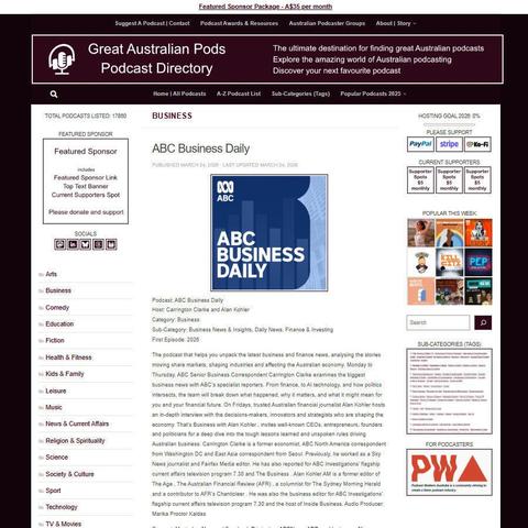 ABC Business Daily
Screenshot of the podcast listing on the Great Australian Pods website