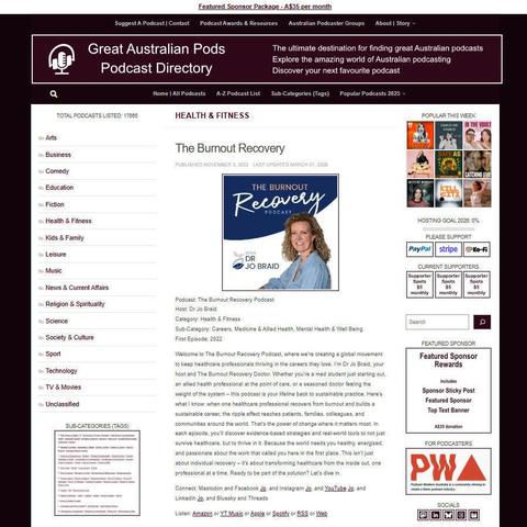 The Burnout Recovery Podcast
Screenshot of the podcast listing on the Great Australian Pods website