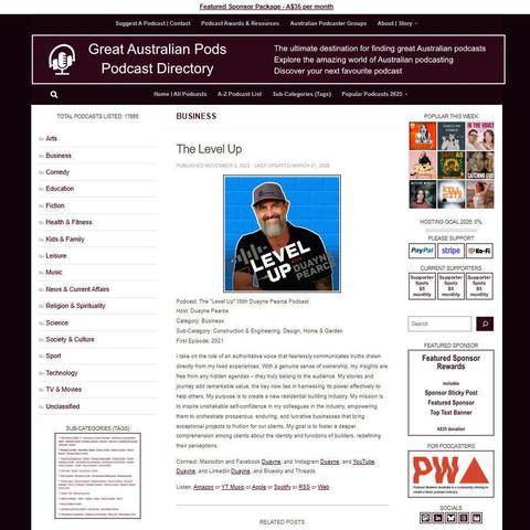 The "Level Up" With Duayne Pearce Podcast 
Screenshot of the podcast listing on the Great Australian Pods website
