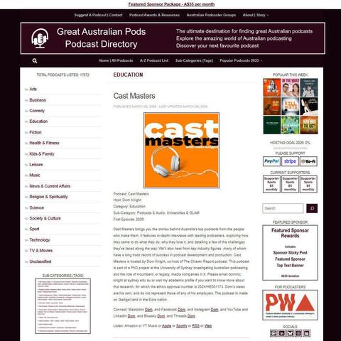 Cast Masters
Screenshot of the podcast listing on the Great Australian Pods website