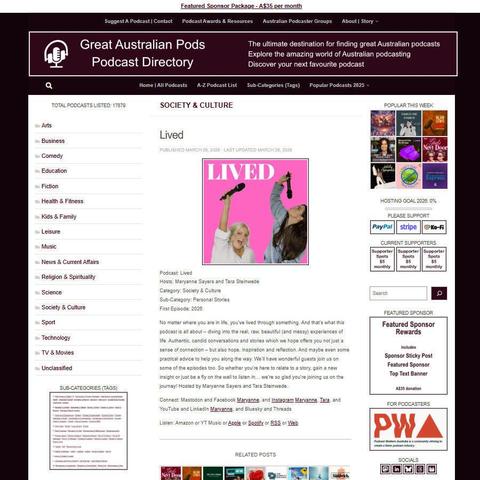 Lived
Screenshot of the podcast listing on the Great Australian Pods website