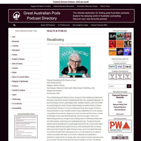 Recalibrating With Sharee Johnson
Screenshot of the podcast listing on the Great Australian Pods website