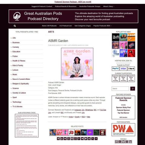ASMR Garden
Screenshot of the podcast listing on the Great Australian Pods website