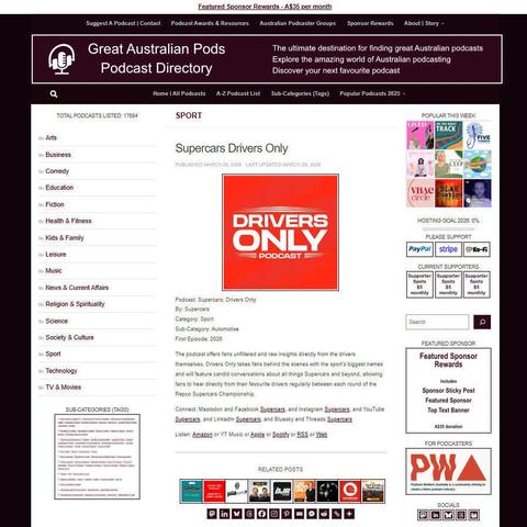 Supercars: Drivers Only
Screenshot of the podcast listing on the Great Australian Pods website