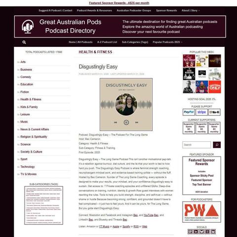 Disgustingly Easy - The Podcast For The Long Game
Screenshot of the podcast listing on the Great Australian Pods website