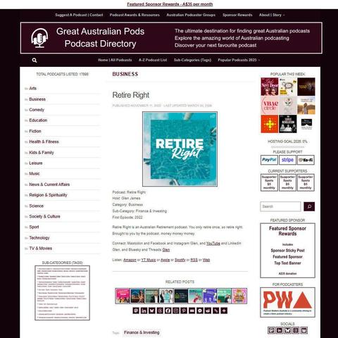 Retire Right 
Screenshot of the podcast listing on the Great Australian Pods website