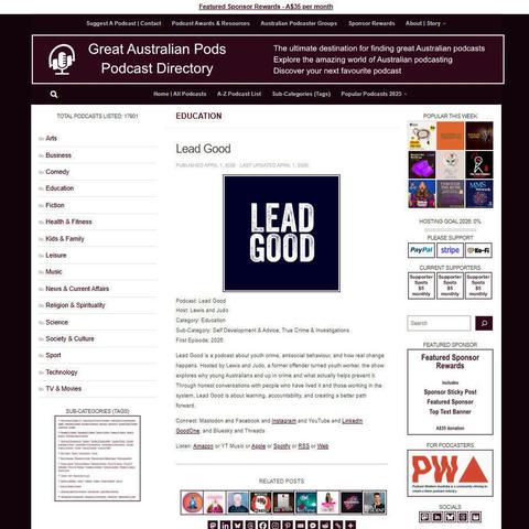 Lead Good  
Screenshot of the podcast listing on the Great Australian Pods website  