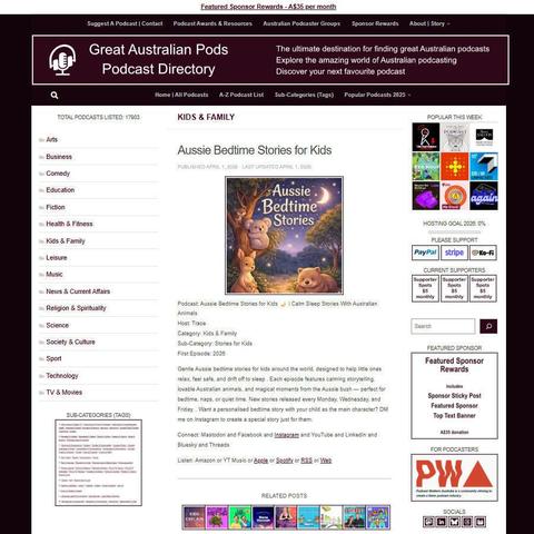 Aussie Bedtime Stories for Kids 🌙 | Calm Sleep Stories With Australian Animals   
Screenshot of the podcast listing on the Great Australian Pods website  