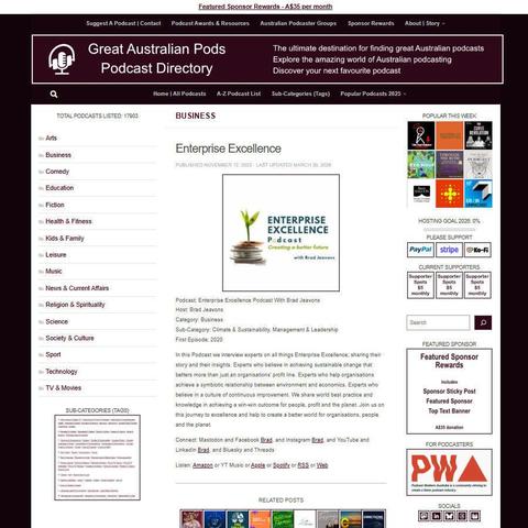 Enterprise Excellence Podcast With Brad Jeavons   
Screenshot of the podcast listing on the Great Australian Pods website   