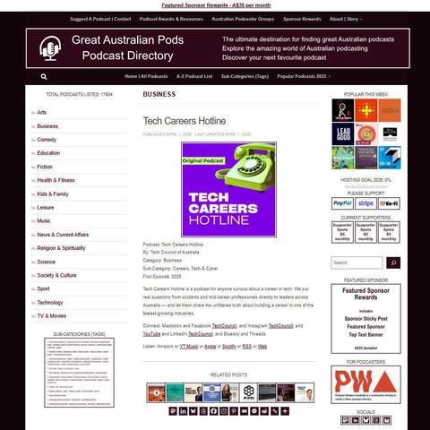 Tech Careers Hotline
Screenshot of the podcast listing on the Great Australian Pods website