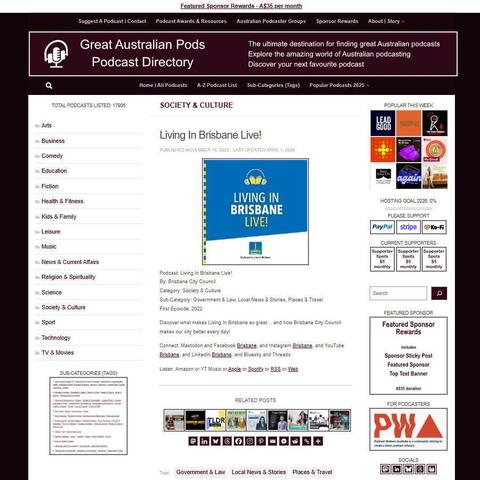 Living In Brisbane Live!  
Screenshot of the podcast listing on the Great Australian Pods website  