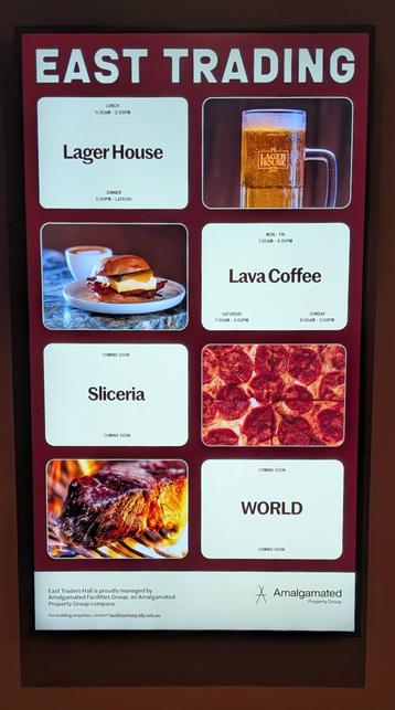 The East Trading Hall's venue list featuring Lager House, Lava Coffee, Sliceria (a pizza joint, coming soon) and World (presumably a restaurant, coming soon)