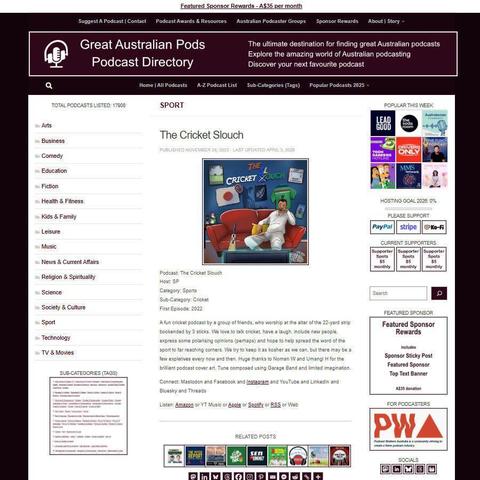 The Cricket Slouch  
Screenshot of the podcast listing on the Great Australian Pods website  