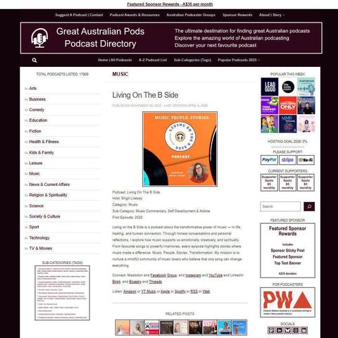 Living On The B Side   
Screenshot of the podcast listing on the Great Australian Pods website   