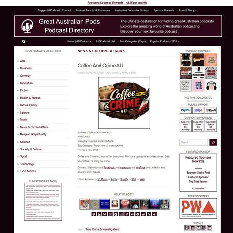 Coffee And Crime AU
Screenshot of the podcast listing on the Great Australian Pods website