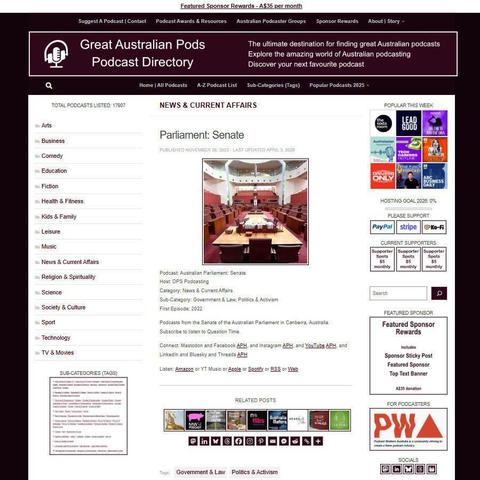 Australian Parliament: Senate  
Screenshot of the podcast listing on the Great Australian Pods website  