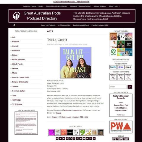 Talk Lit, Get Hit   
Screenshot of the podcast listing on the Great Australian Pods website