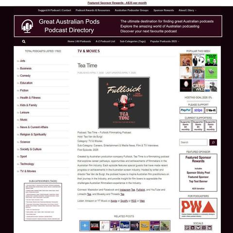 Tea Time - Fullisick Filmmaking Podcast  
Screenshot of the podcast listing on the Great Australian Pods website  