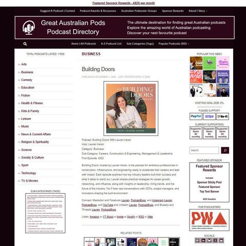 Building Doors With Lauren Karan   
Screenshot of the podcast listing on the Great Australian Pods website