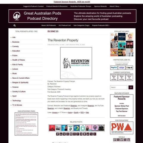 The Reventon Property Podcast  
Screenshot of the podcast listing on the Great Australian Pods website