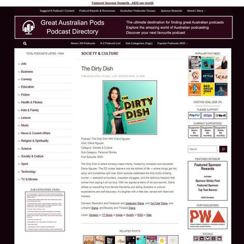 The Dirty Dish With Diana Nguyen  
Screenshot of the podcast listing on the Great Australian Pods website
