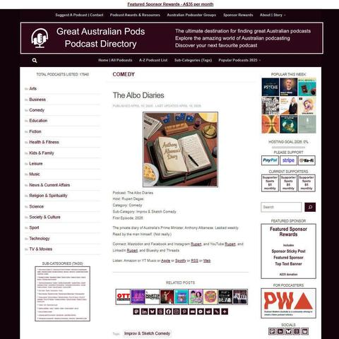 The Albo Diaries  
Screenshot of the podcast listing on the Great Australian Pods website