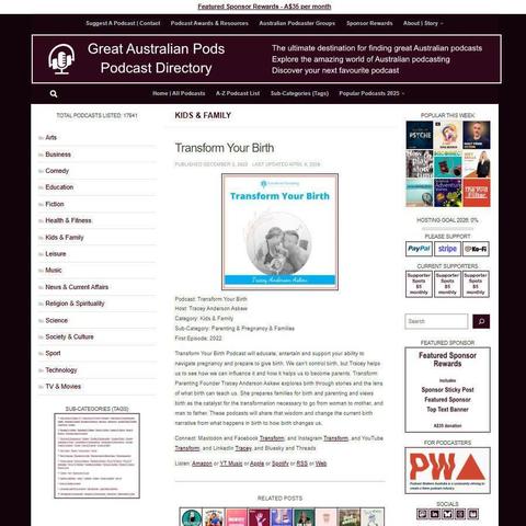 Transform Your Birth  
Screenshot of the podcast listing on the Great Australian Pods website