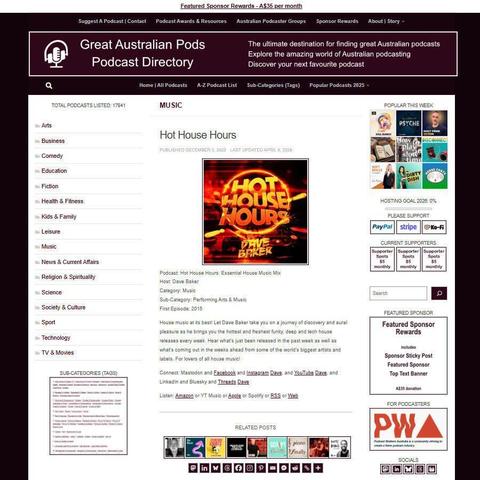 Hot House Hours: Essential House Music Mix  
Screenshot of the podcast listing on the Great Australian Pods website