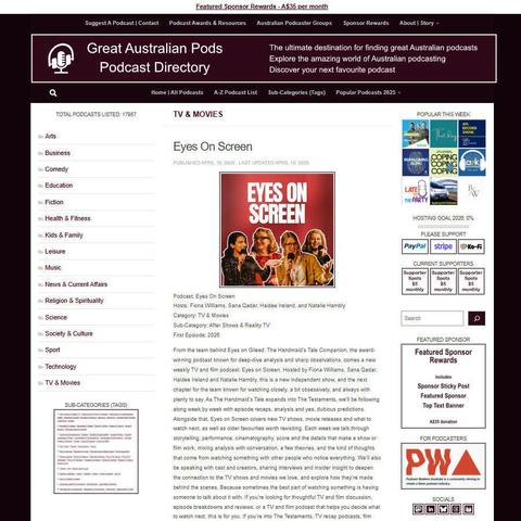 Eyes On Screen  
Screenshot of the podcast listing on the Great Australian Pods website