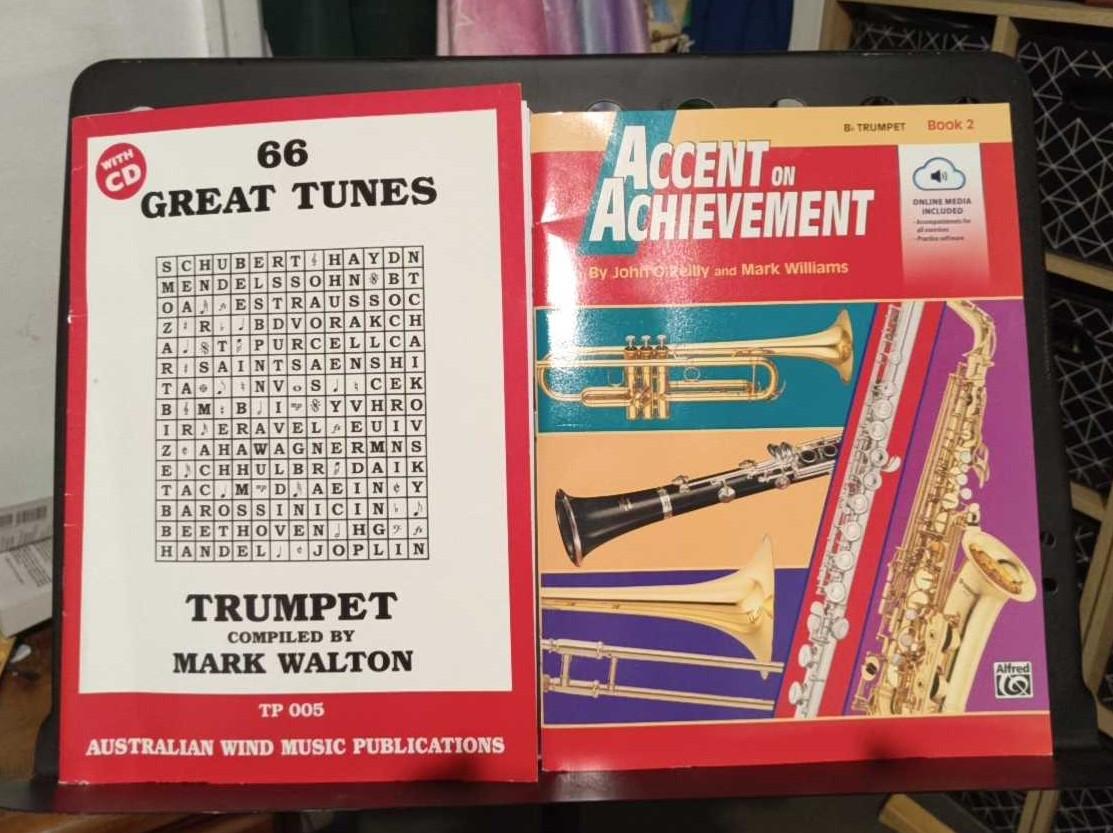 Two trumpet books sitting on a black music stand. One is called 66 Great Tunes (mostly classical) and the other is Accent on Achievement and has pictures of a clarinet, a trumpet, a trombone, a flute and a saxophone. That one has shorter pieces and exercises. In the background you can see part of my pink unicorn oodie. Fun fact, the music stand is a really solid one and would have been expensive, once upon a time, but we picked it up for a few bucks at the local tip shop. How good are tip shops?! Yay for secondhand stuff