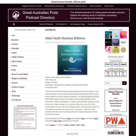 Allied Health Business Brilliance   
Screenshot of the podcast listing on the Great Australian Pods website