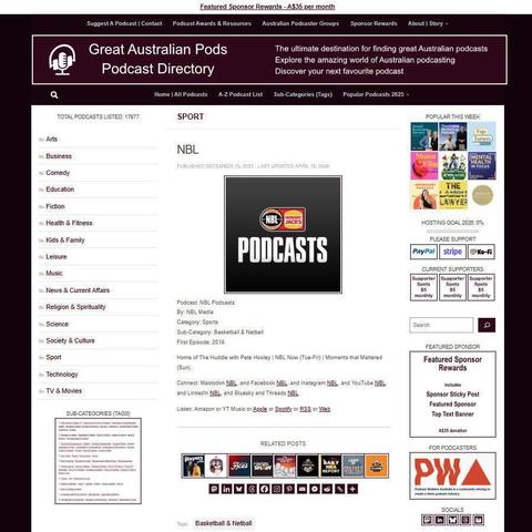 NBL Podcasts   
Screenshot of the podcast listing on the Great Australian Pods website