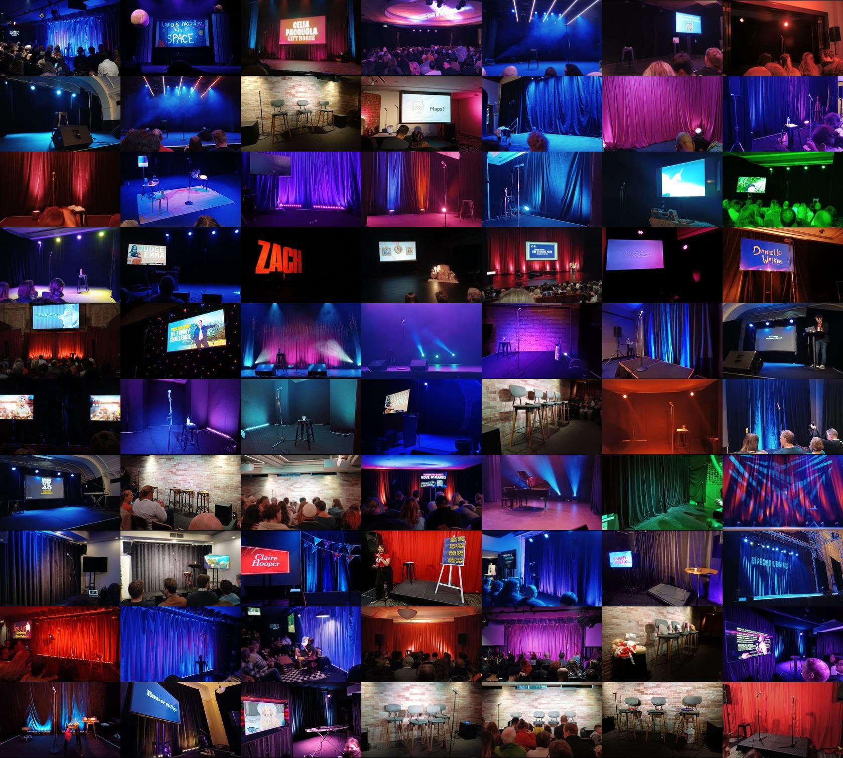 Montage of 70 photos of comedy stages before each show starts