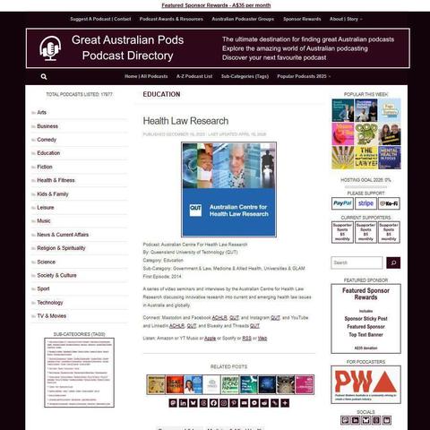 Australian Centre For Health Law Research   
Screenshot of the podcast listing on the Great Australian Pods website
