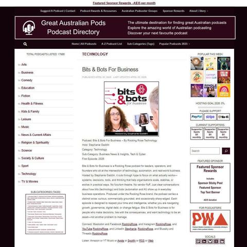 Bits & Bots For Business - By Rocking Rose Technology   
Screenshot of the podcast listing on the Great Australian Pods website